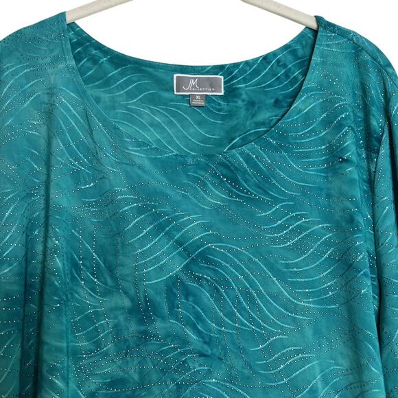 JM Collection Womens Top XL Dark Aqua Embellished Wave Print Scoop Neck - Picture 2 of 6